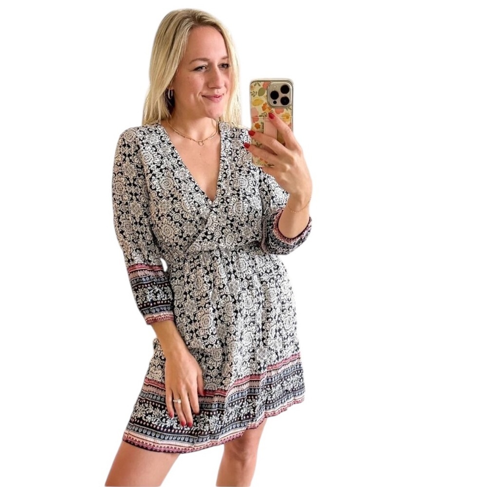 Dee Elle Floral Faux Wrap Mini Dress 3/4 Sleeve Boho Womens Medium
